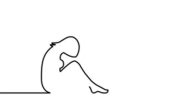 Continuous Line Art Animation of Sad Depressed Woman Sitting Alone with Knees Hugged