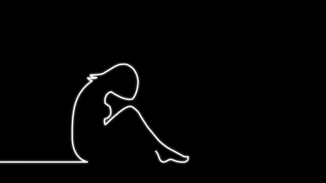 Continuous Line Art Animation of Sad Depressed Woman Sitting Alone with Knees Hugged