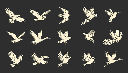 Naklejka premium Minimalist bird silhouette icons in vintage linocut style for brand identity