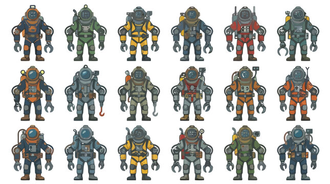 Collection of futuristic robotic soldier character designs in various colors.