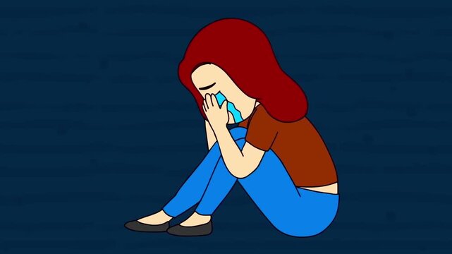 2D animation of a sad depressed woman sitting on dark floor crying hugging her knees isolation mental health