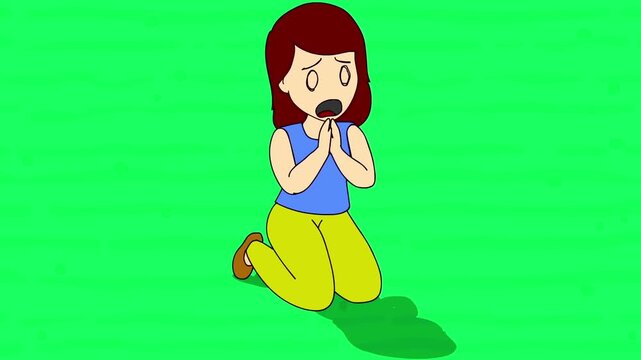 2D animation of a desperate woman kneeling on floor holding hands together praying isolated green screen concept