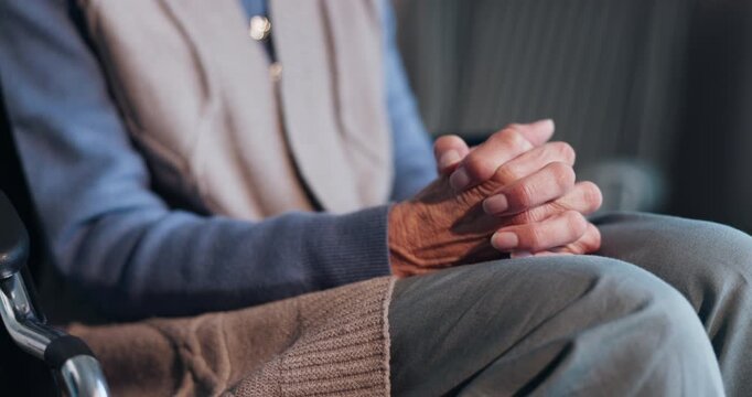 Thinking, home and hands of senior person in wheelchair with reflection, nostalgia and loneliness. Retirement, house and woman with worry, thoughtful and overthinking for dementia or memory loss