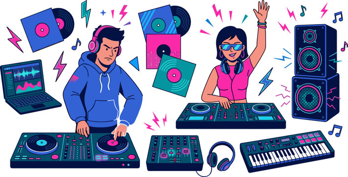 Electronic DJ Party Vector Illustration Set with Male and Female DJs Turntables Mixer Synthesizer Speakers Headphones Vinyl Records and Laptop Equipment