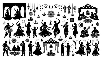 Fototapeta premium Indian Wedding Celebration Silhouette Collection with Bride Groom Rituals Decorations and Cultural Festive Elements