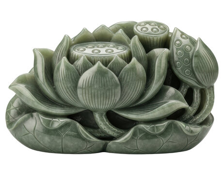 Green jadeite lotus flower gemstone carving cutout on transparent background