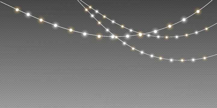 Realistic Christmas Garland Lights PNG Transparent Warm White Hanging Light Overlay.