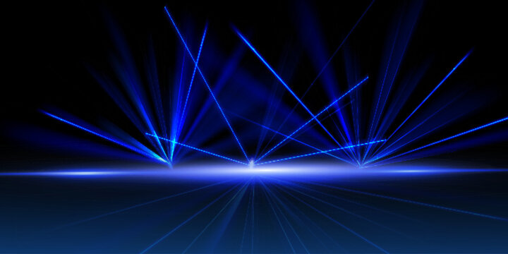 Abstract composition bright blue rays of light fan out from the center against a dark background, creating the effect of depth and reflections.