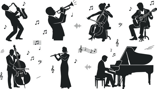 Classical Jazz Musicians Silhouette Vector Set with Live Band Orchestra Performance Icons Including Saxophone Trumpet Piano Cello Flute and Guitar Player Symbols