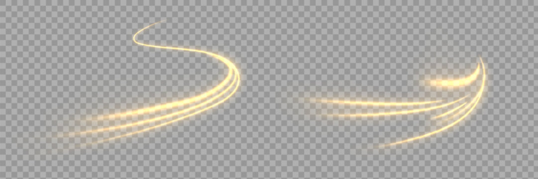 Glowing golden speed lines. Abstract traffic lines on the road. Light dust trail wave, fire path trace line, car headlights, optical fiber and filament curve swirl png.