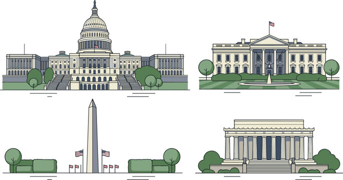 Washington DC Landmark Vector Illustration Set Featuring United States Capitol, White House, Washington Monument, and Lincoln Memorial Government Building Icons