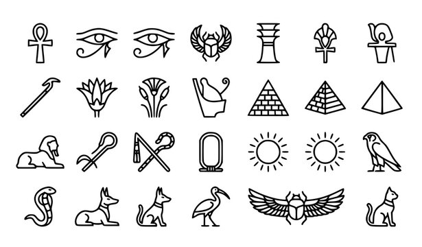 Egyptian Symbol Line Icon Set Featuring Ankh Eye Scarab Pyramid Sun and Sacred Animals