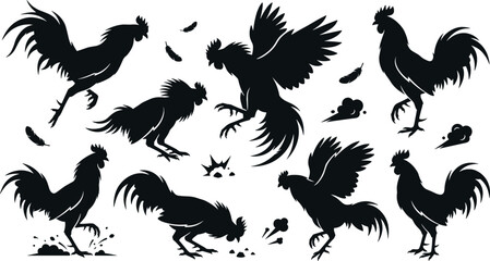 Rooster Silhouette Collection Vector Featuring Cockfighting Poses Attacking Flapping Wings Crowing Pecking and Flying Feather Clipart Elements © MstAnzu