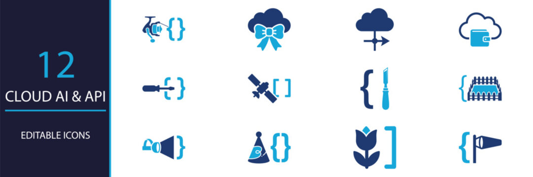 Set of twelve creative cloud and api programming icons with blue coding brackets