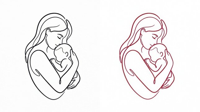 Continuous single line drawing of a mother holding her newborn baby with love for family concept and parenting theme