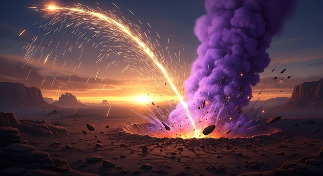 Explosion of cosmic energy over a desolate alien landscape, launching debris and bright sparks into the evening sky