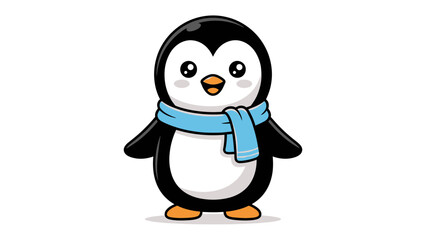 Cute Penguin with Scarf: A charming illustration of a baby penguin wearing a blue scarf, standing with its flippers by its side, ready for winter fun. © Abu