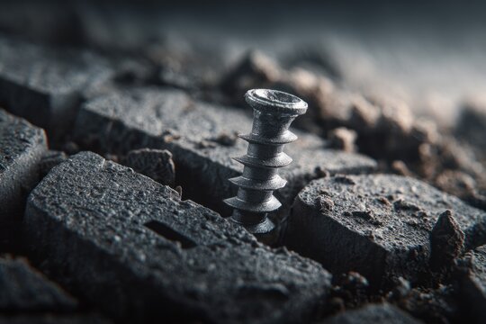 Punctured tire. Close-up of a metal screw embedded in a textured surface of rubber tire tread, showcasing intricate details and lighting effects. puncture damage concept