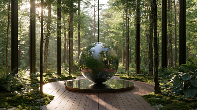 Wide View of Glass Terrarium Sphere with a Miniature Forest Containing Trees Moss and a Self Sustaining Ecosystem Under Clear Glass