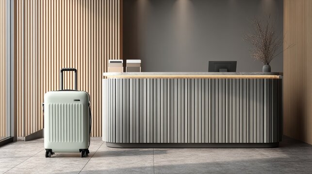 hotel check in, check out. Modern hotel lobby with a sleek silver suitcase positioned near the reception desk, featuring stylish decor and ambient lighting