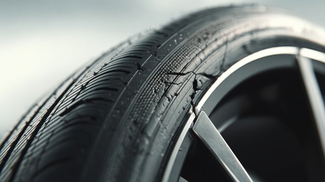 Punctured tire. Close-up of damaged tire with a nail embedded in the tread, showcasing wear and tear against a dark background, automotive problem