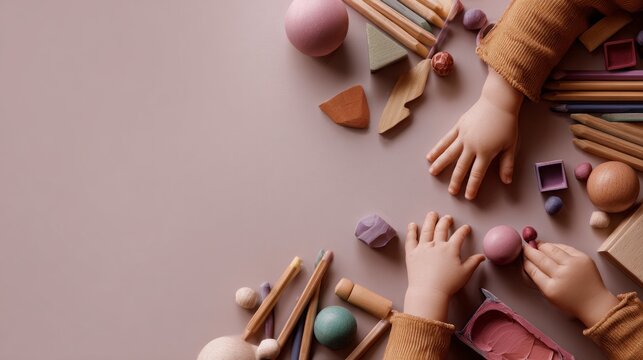 Children's creativity. Summer holidays. Children's hands playing with colorful wooden toys and art supplies on a soft pink background, creative activity