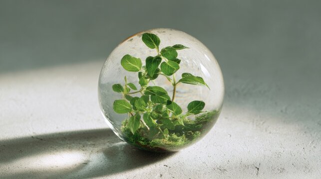Environment Day concept. Glass terrarium with small green plant inside, showcasing vibrant leaves and moss on a light gray surface with soft natural lighting