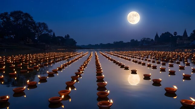 Bhadrapada Purnima ritual with floating diyas on holy river under full moon