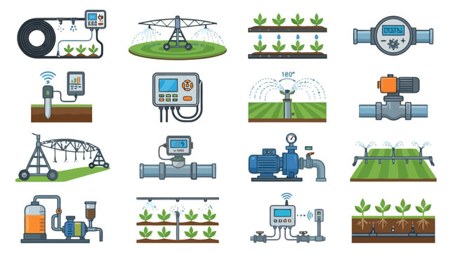 Collection of Agricultural Irrigation System Icons and Equipment Illustrations.