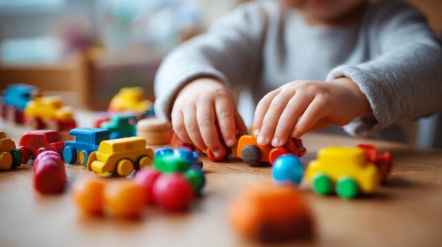 Children's creativity. Summer holidays. Child's hands play with colorful wooden toy cars on a wooden table, various shapes and sizes scattered around. organizational kids learning concept