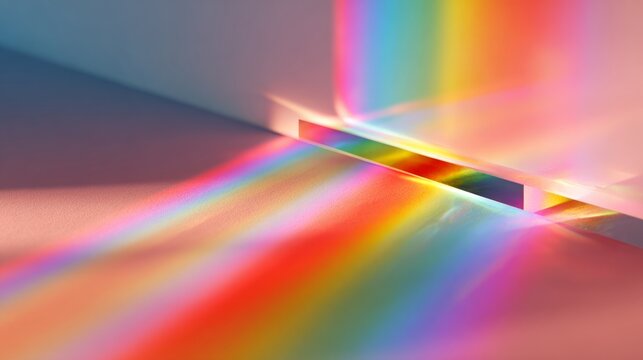 Pride Month. Light refracting through a narrow slit creates a vibrant spectrum of rainbow colors on a smooth surface, showcasing a stunning display of light