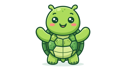 Naklejka premium Adorable Green Turtle Illustration: A cute and friendly cartoon turtle with big eyes and a cheerful smile stands with its arms outstretched, ready for a hug.