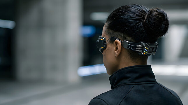 Woman wearing futuristic smart glasses. Cyberpunk style headset for augmented reality tech.
