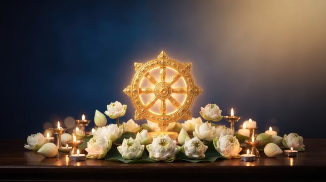Golden Dharmachakra wheel of dharma on altar, glowing Buddhist symbol with white lotus flowers and burning candles, spiritual zen meditation background