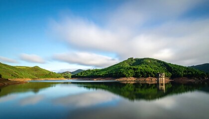 Fototapeta premium Calm lake reflecting green hills under cloudy sky.