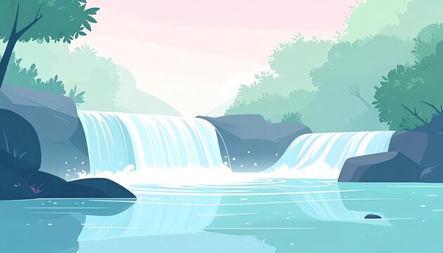 Calm forest waterfall flowing into a tranquil blue pool.