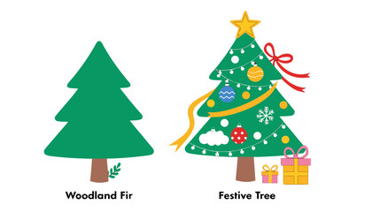 Fototapeta premium Comparison between minimalist woodland fir tree and ornate decorated festive christmas evergreen plant illustration with against white background