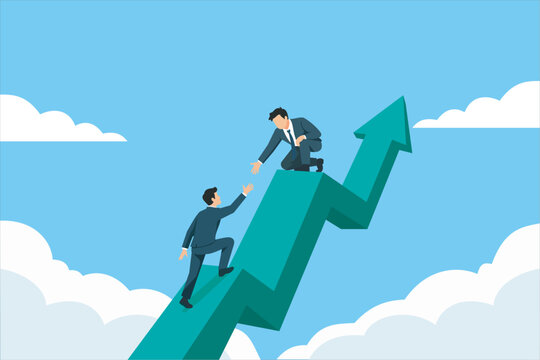 Business leaders helping each other climb a rising arrow, symbolizing teamwork, mentorship, collaboration, leadership, growth, success, and career development. Vector illustration.