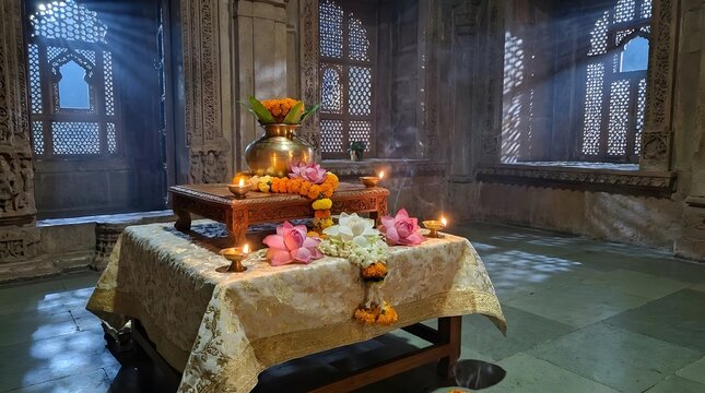 Bhadrapada Purnima ritual setup with brass kalash and lotus flowers