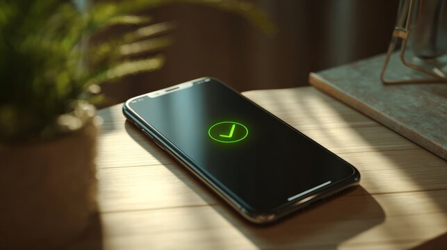 Generation Z. Smartphone with green checkmark symbol displayed on screen, placed on wooden table beside a small potted plant and a metal holder
