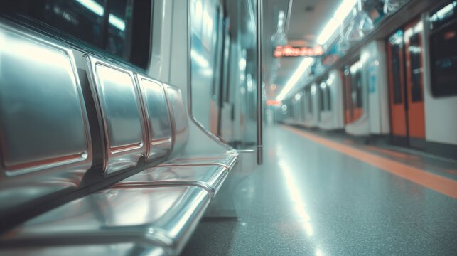 Interior view of a subway train with empty orange seats and polished floor, showcasing a modern urban transportation environment. liminal travel space concept