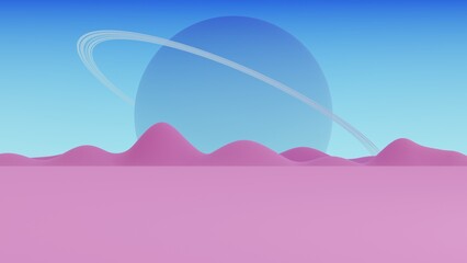 Pink alien landscape rises under a giant ringed planet in a smooth minimalist 3D illustration style against a soft blue sky horizon, offering a surreal backdrop for futuristic product display. © Zulfikar