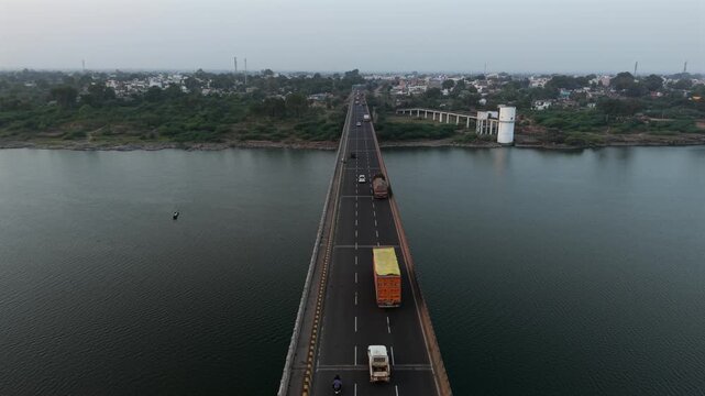 Aerial View of Narmada River Bridge at Sunset, Madhya Pradesh, India