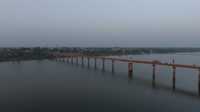 Aerial View of Narmada River Bridge at Sunset, Madhya Pradesh, India