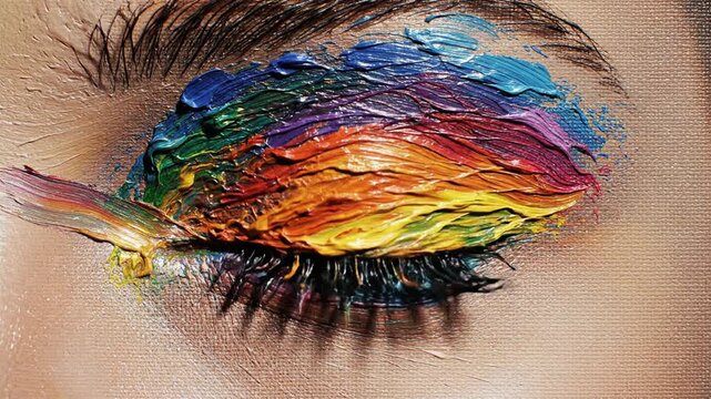 Colorful painted eye with thick texture and a paintbrush applying vibrant hues.