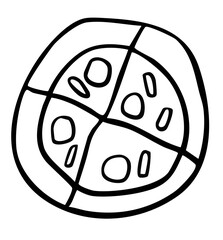 Hand drawn pizza outline for colouring book, art, lunch break, office workers, American fast food, cafe, menu, restaurant, recipe, cook book, department store, quick meal, park, picnic, street stalls