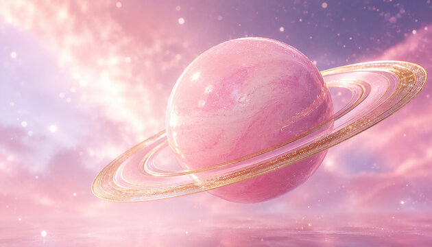Majestic Pink Planet with Golden Rings in Space