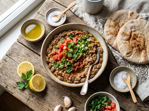Hearty fava bean stew bowl with fresh pita bread and spices.