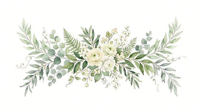 Horizontal floral composition featuring greenery and white.