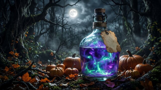 Glowing magical potion bottle surrounded by autumn pumpkins in a dark misty forest moonlight scene